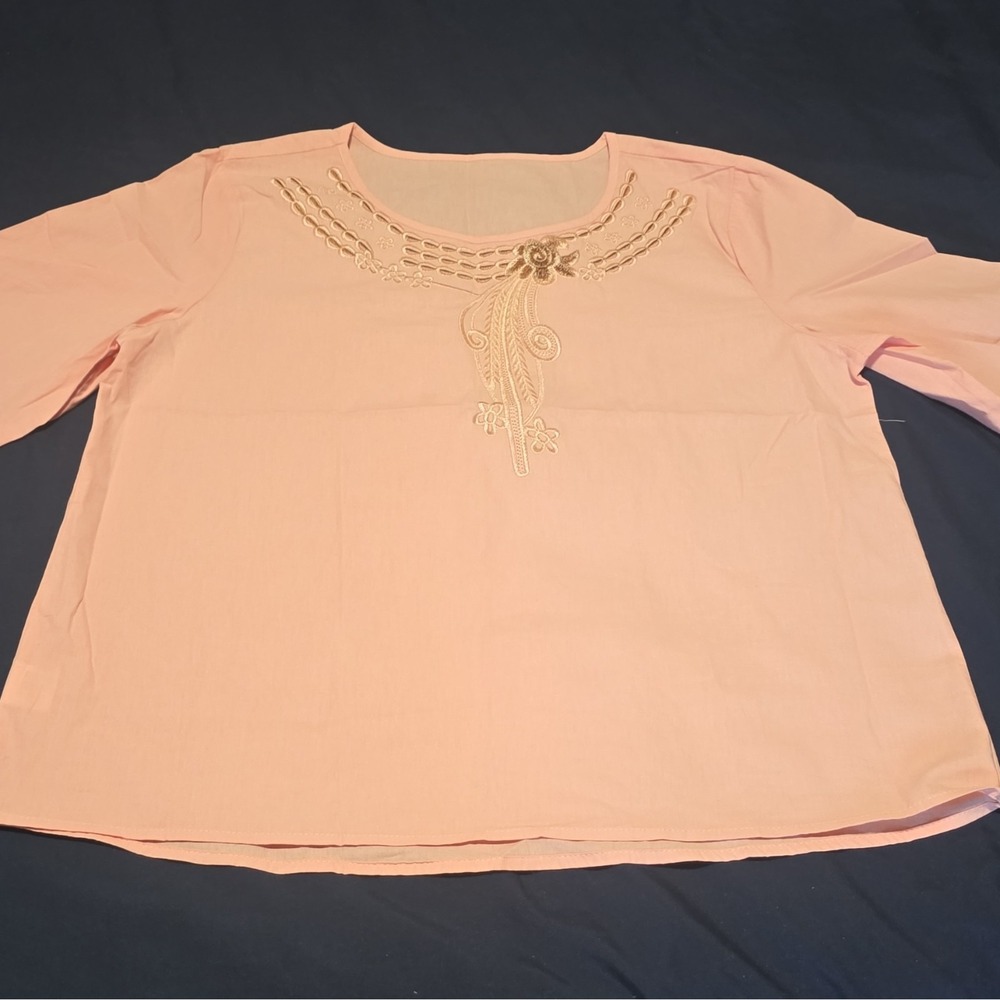 Women's Pink Embroidered Scoop Neck Woven Pullover Blouse 3/4 Sleeve L